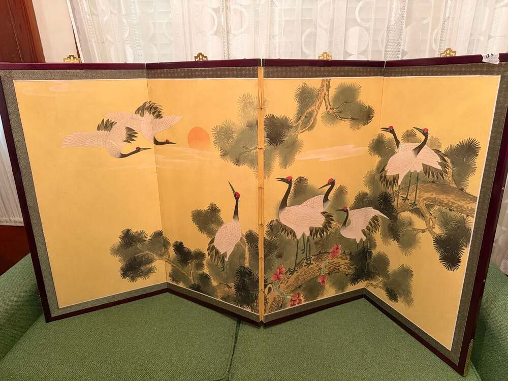 6ft. Long Handpainted Chinese Silk Wall Art Screen - Cranes and Pine